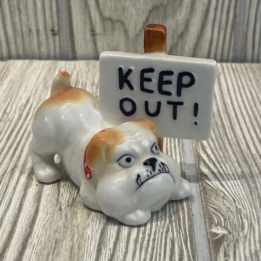 Vintage Ceramic Bulldog Figurine Keep Out Sign Dog Statue White Brown Red Collar